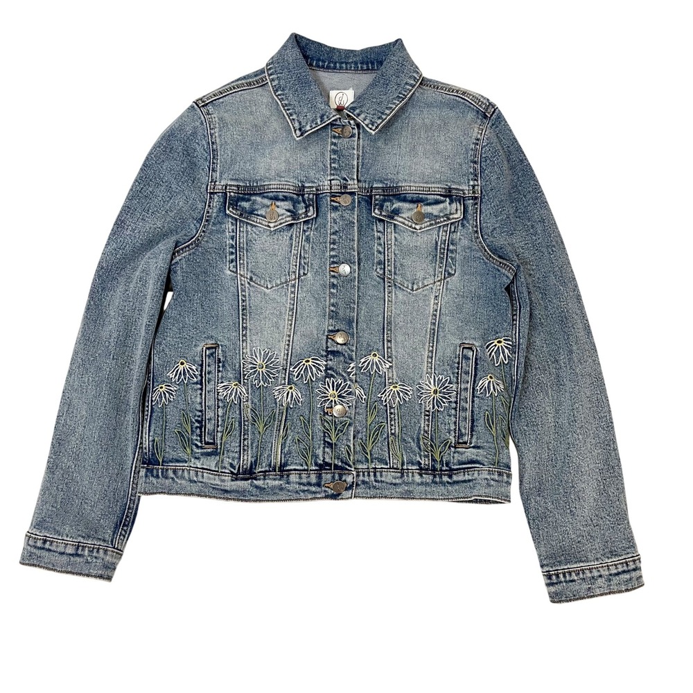Driftwood Daisy Embroidered Denim Trucker Jacket Medium Blue Floral Jean Boho